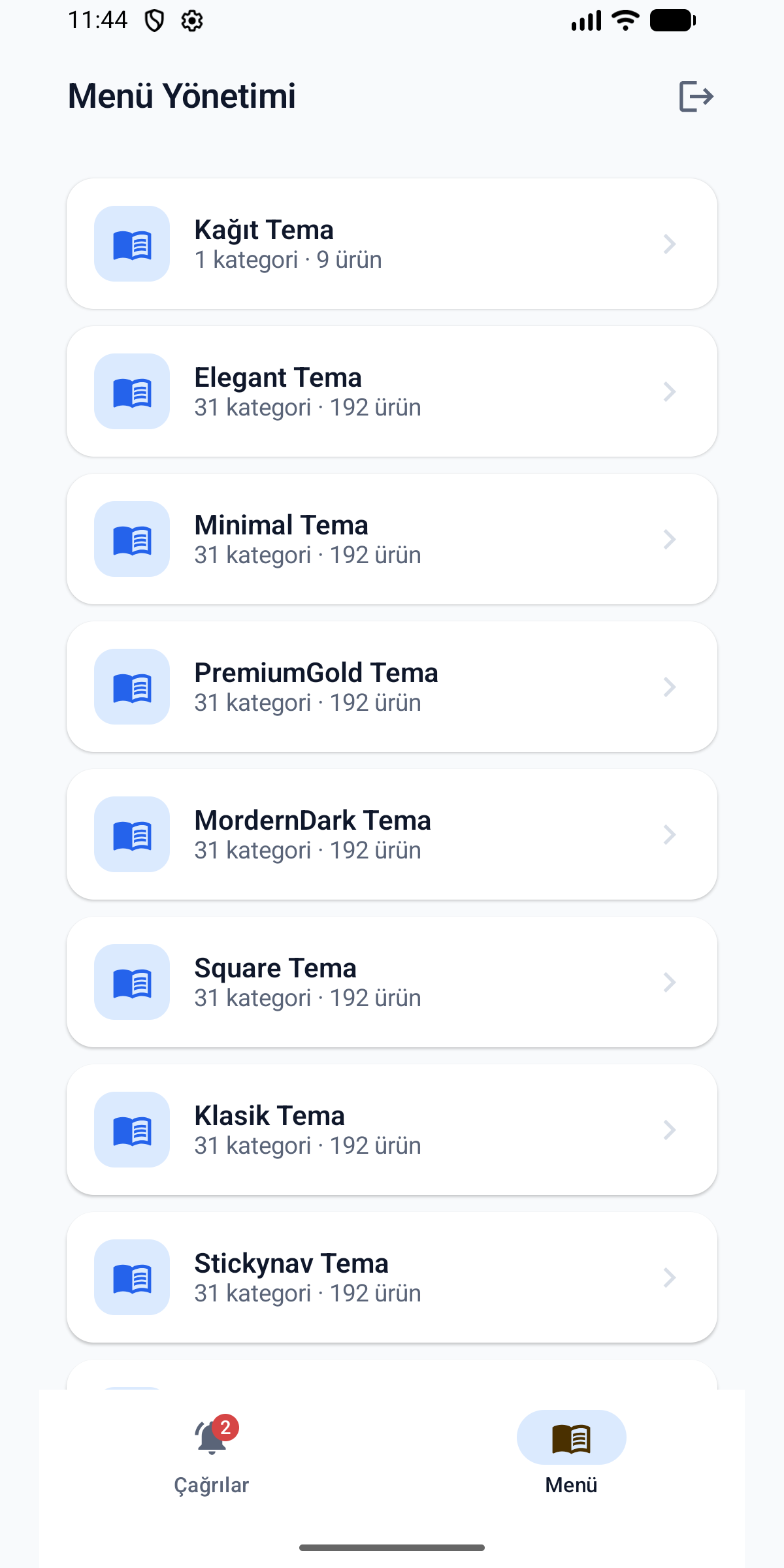Menu Management screen: menus and themes with category and product counts