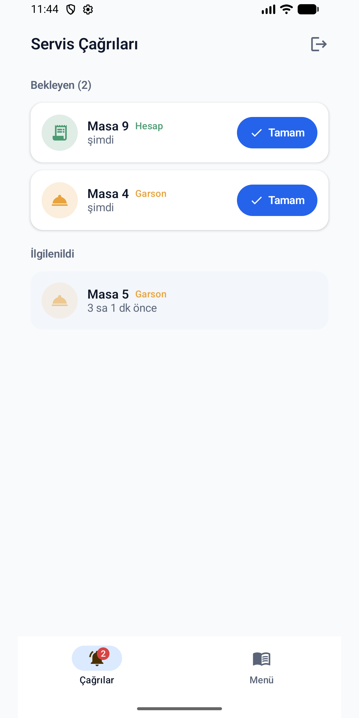 QRMenuLink Staff app Service Calls screen: pending and handled calls