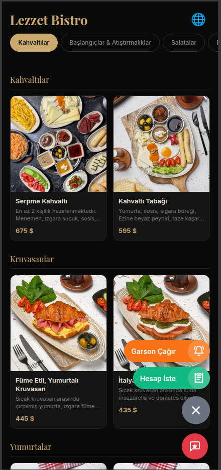Call Waiter and Request Bill buttons on the QR menu