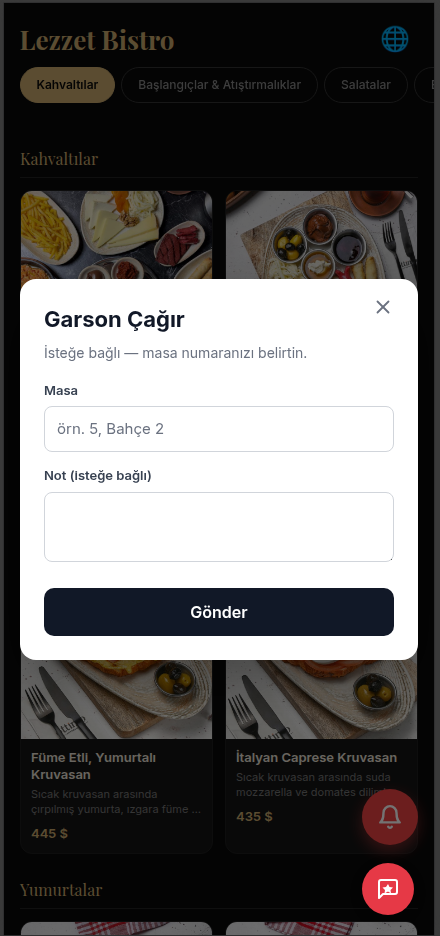 Waiter call form: table number and optional note