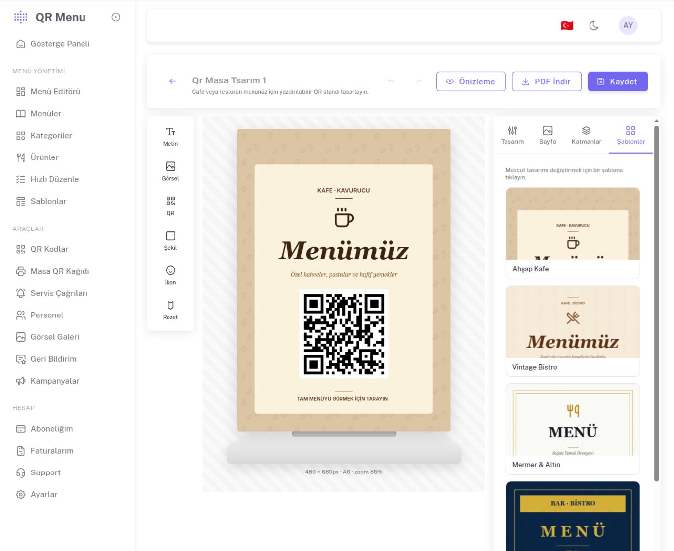 Table QR Sheet Designer screen — Wooden Cafe template, QR stand preview and ready-made templates