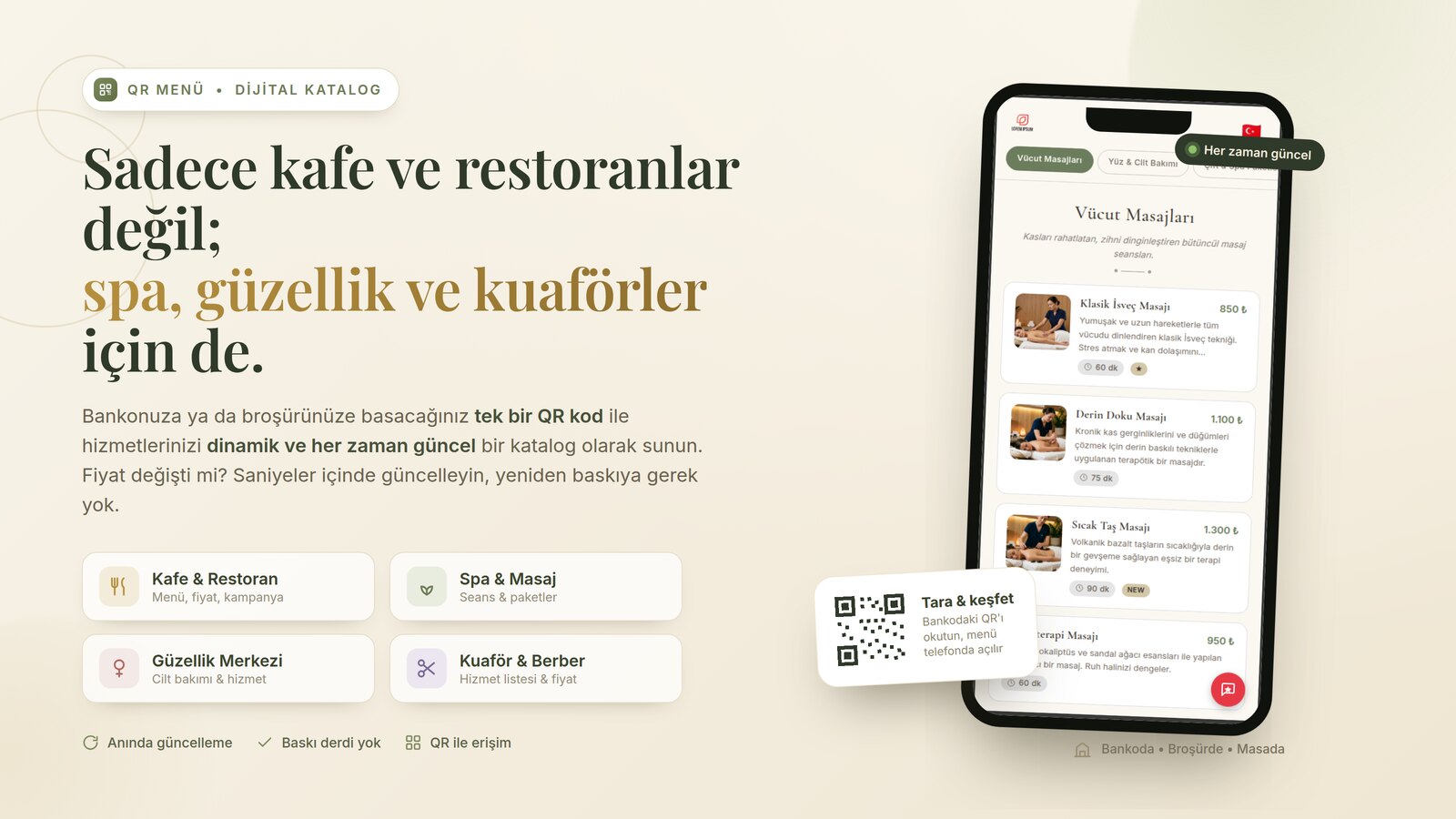 QR menu example for a spa and massage center — body massages category with duration and price details